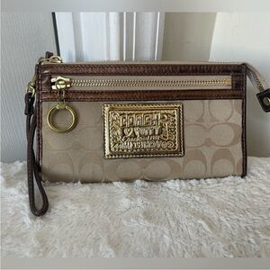 Coach Beige and Brown Wristlet with Gold Accents
